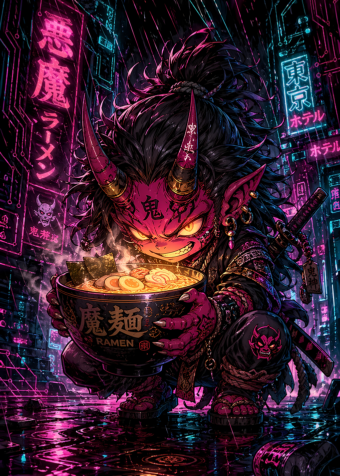 Cyberpunk Oni Eating Ramen