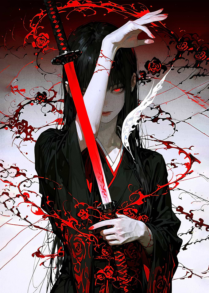 Anime Girl with Red Katana and Roses