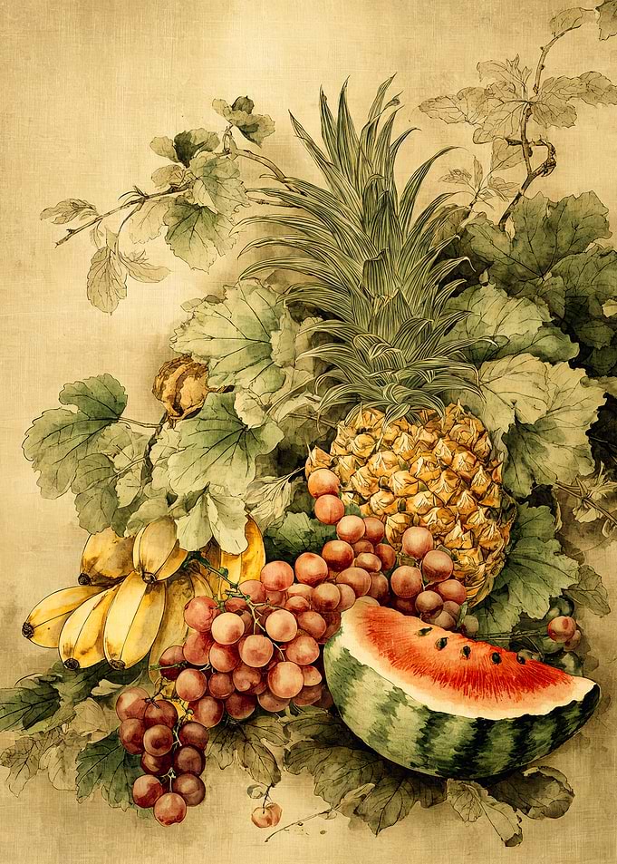 Vintage Tropical Fruit Watercolor Art