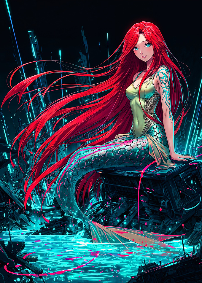 Cyberpunk Red Haired Mermaid Neon City