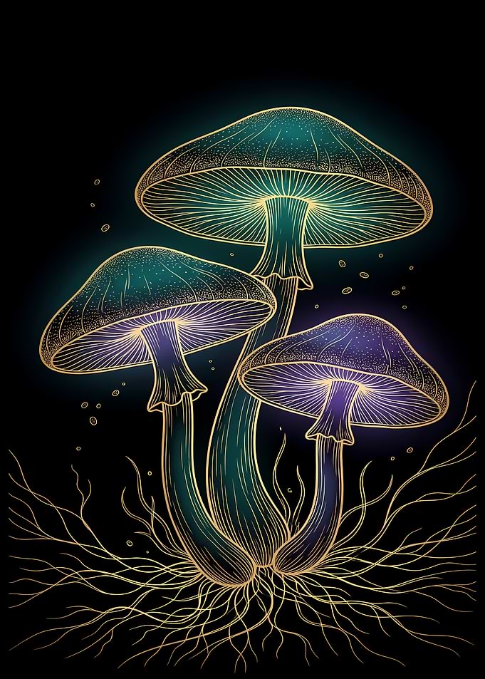 Glowing Mushrooms with Roots