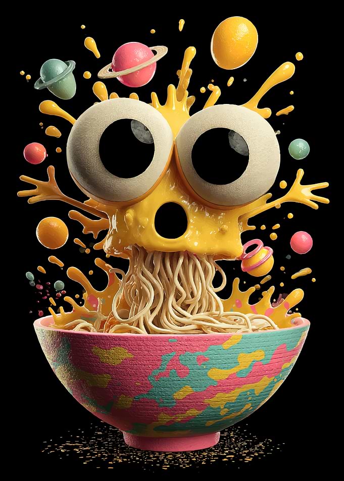 Surreal Noodle Monster in Space Bowl