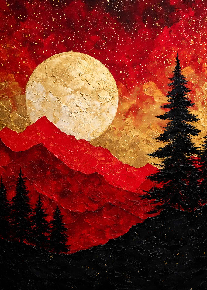 Crimson Moonlit Mountain Landscape