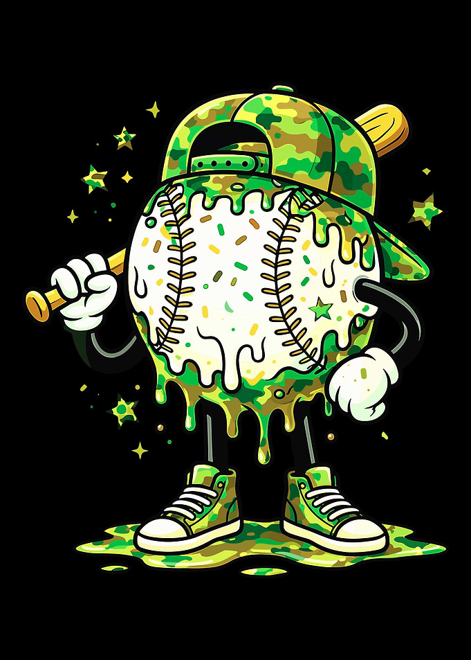 Melting Baseball Poster, Funny Cartoon Sports Art, Drip Ice Cream Style Wall Print