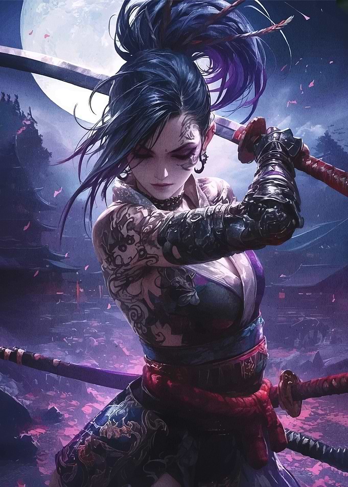 Samurai Woman with Tattoos and Swords