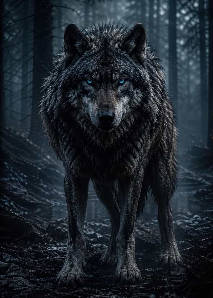 Wolf with Blue Eyes in Forest