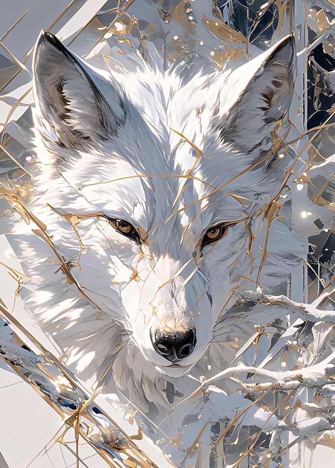 White Wolf Portrait with Gold Accents