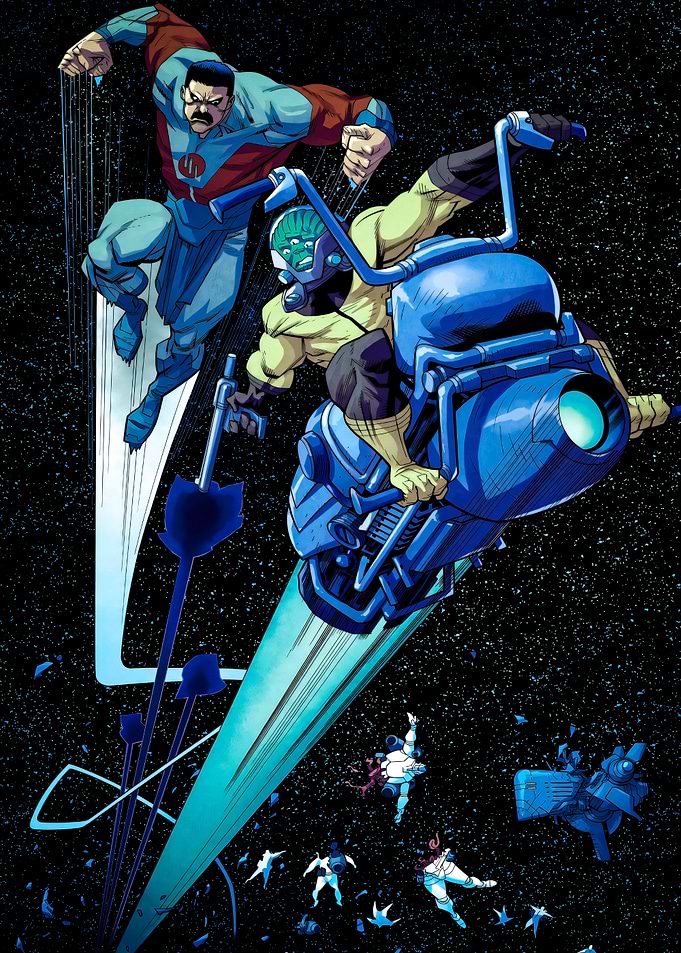Invincible and Omni-Man in Space Battle