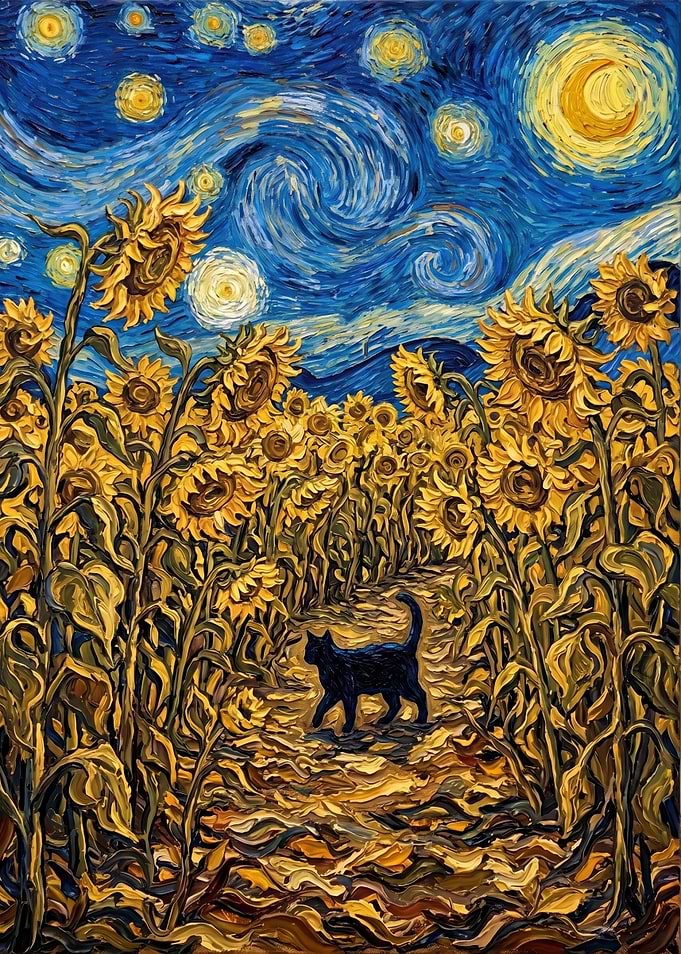 Black Cat in Sunflower Field Under Starry Sky