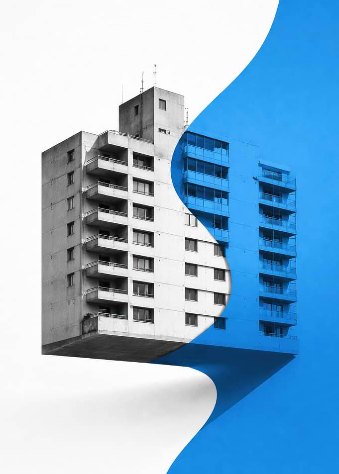 Brutalist Concrete Building with Blue Overlay
