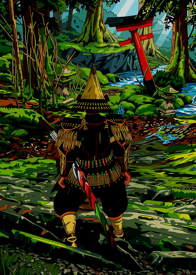 Samurai in a Forest with Torii Gate