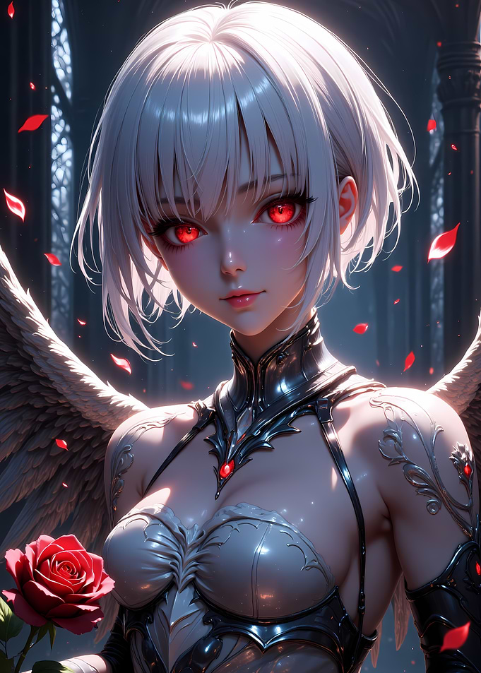 Anime Angel with Red Eyes and Rose