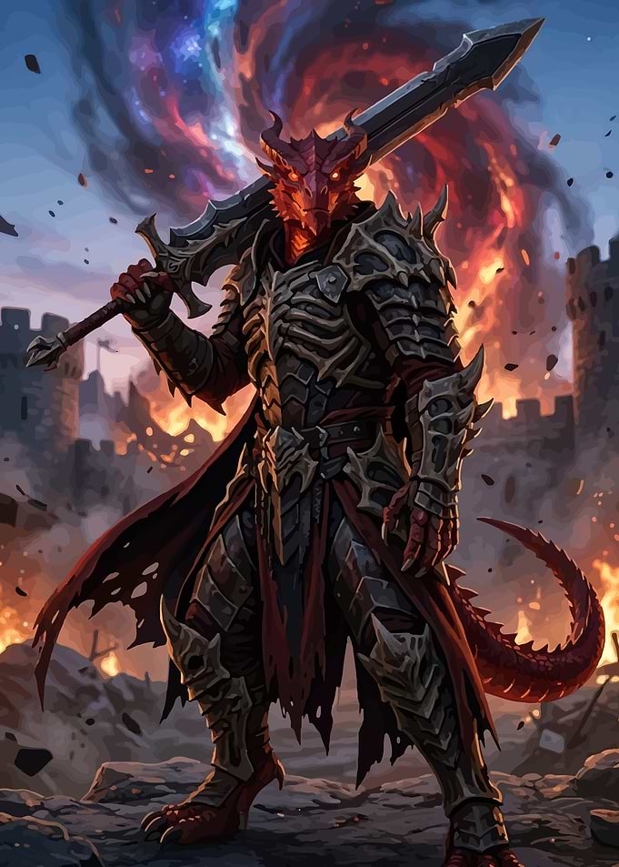 Dragon Warrior in Fiery Landscape