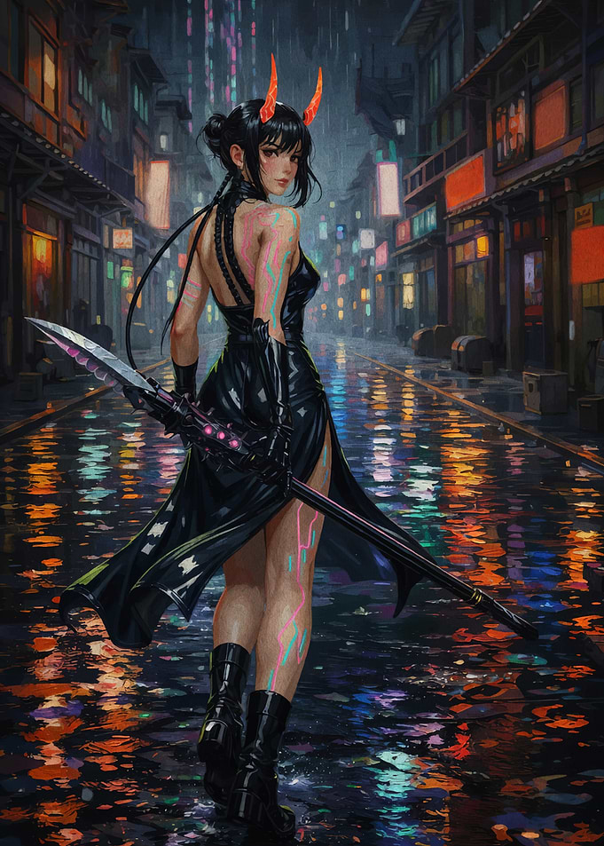 Cyberpunk Demon Girl in Rainy City