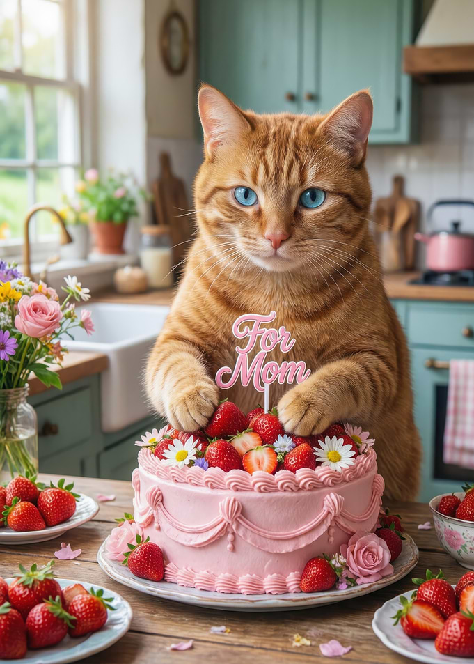 Cat with a 'For Mom' cake