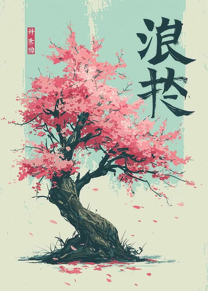 Sakura Tree in Bloom – Minimalist Japanese Ink Art