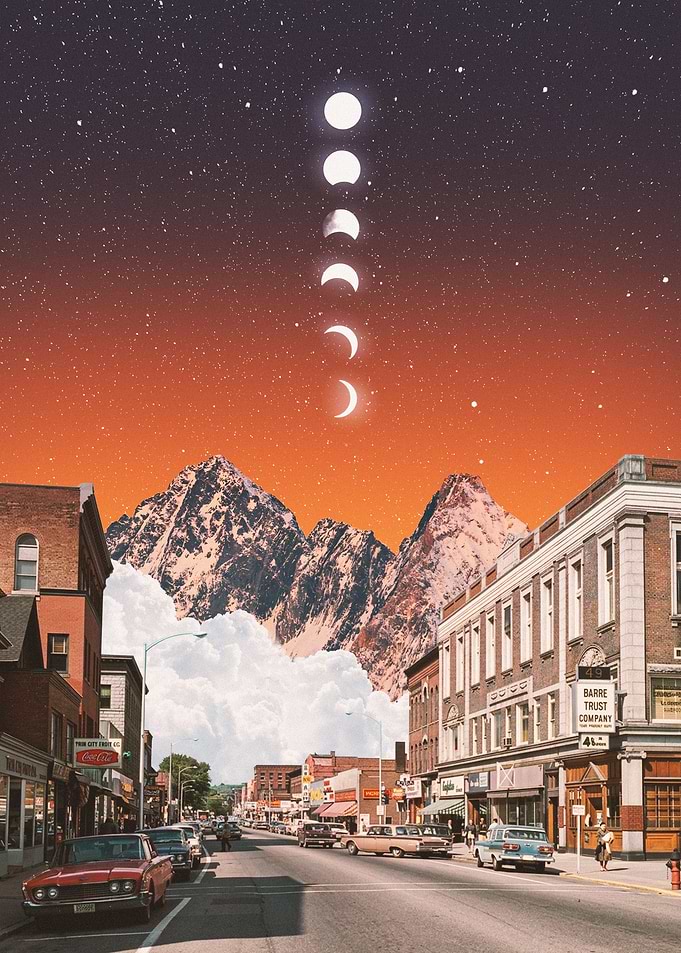 Surreal Streetscape with Moon Phases and Mountains