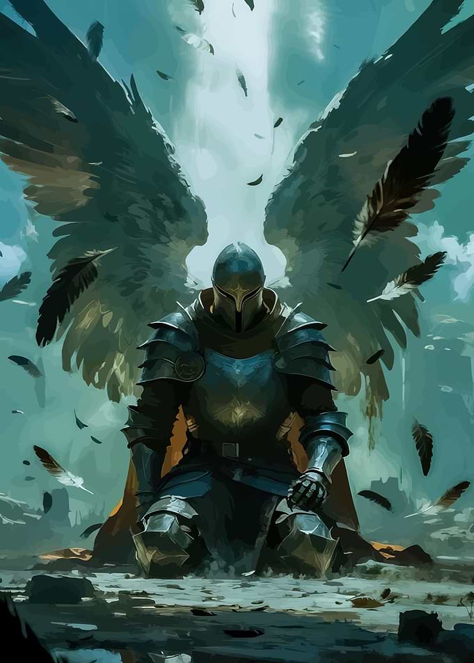 Angelic Knight Kneeling Amidst Falling Feathers