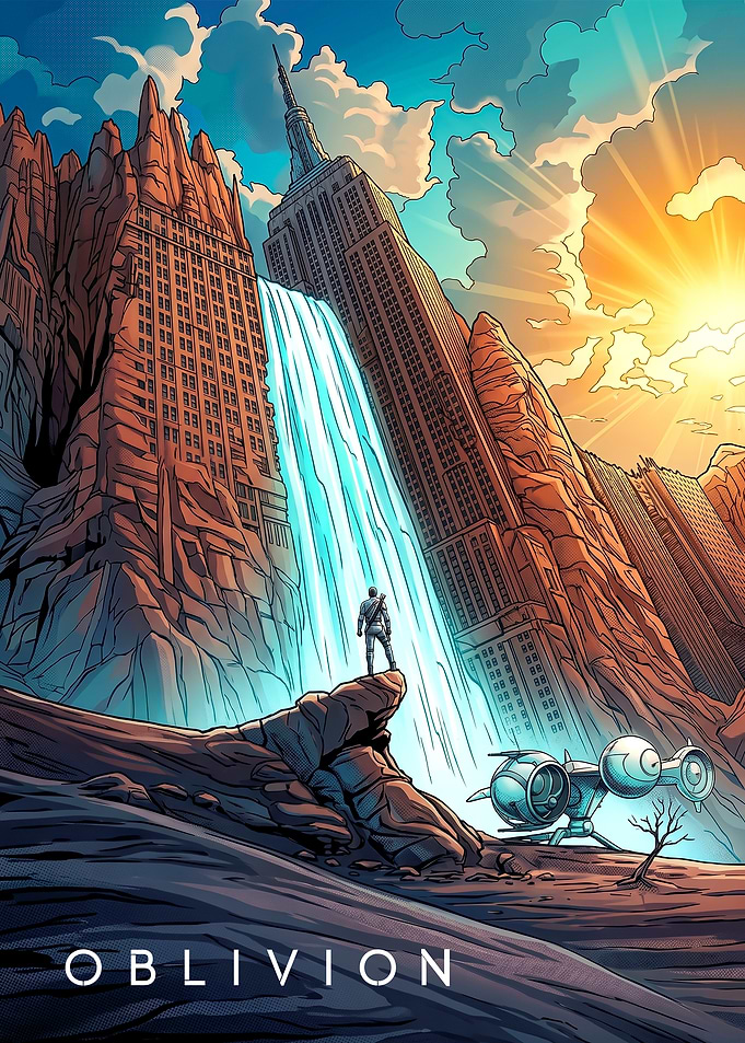 Sci-fi landscape with Empire State Building waterfall