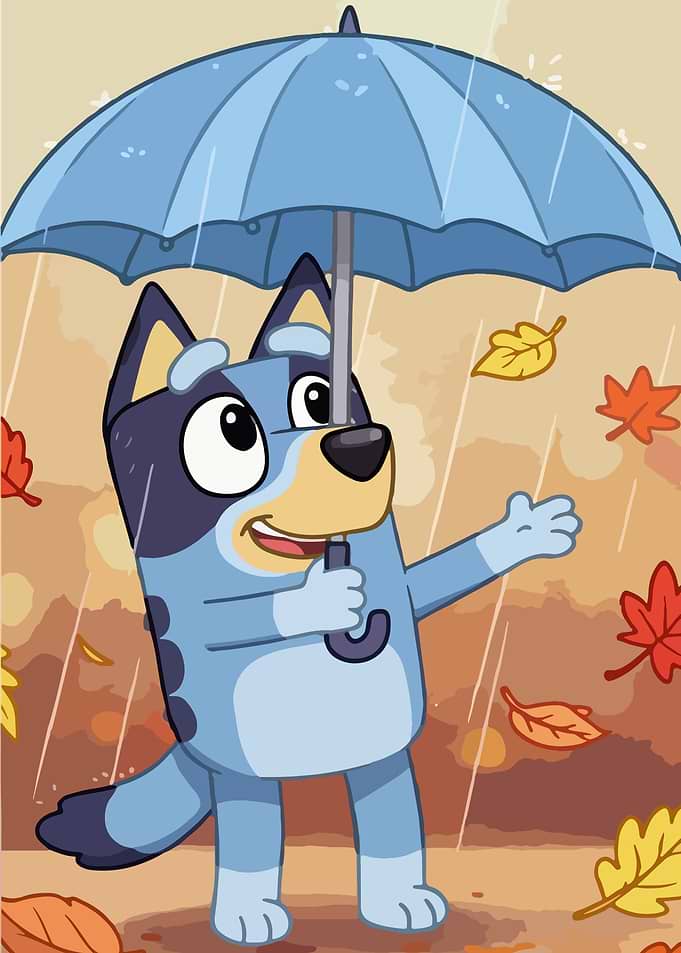 Bluey holding an umbrella in the rain