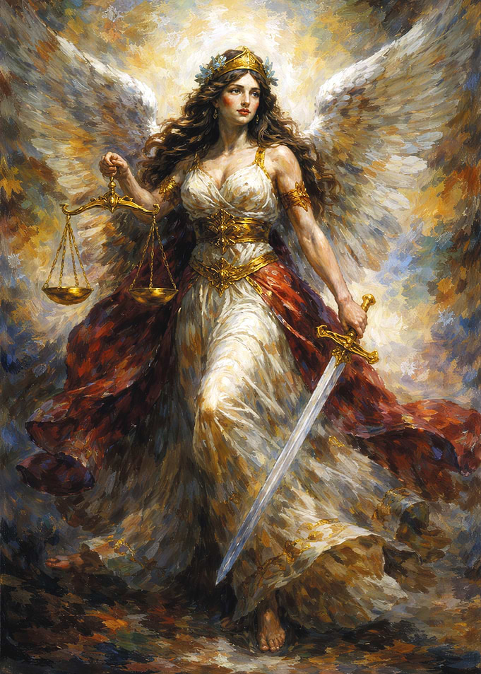 Greek Goddess Nemesis with Scales and Sword