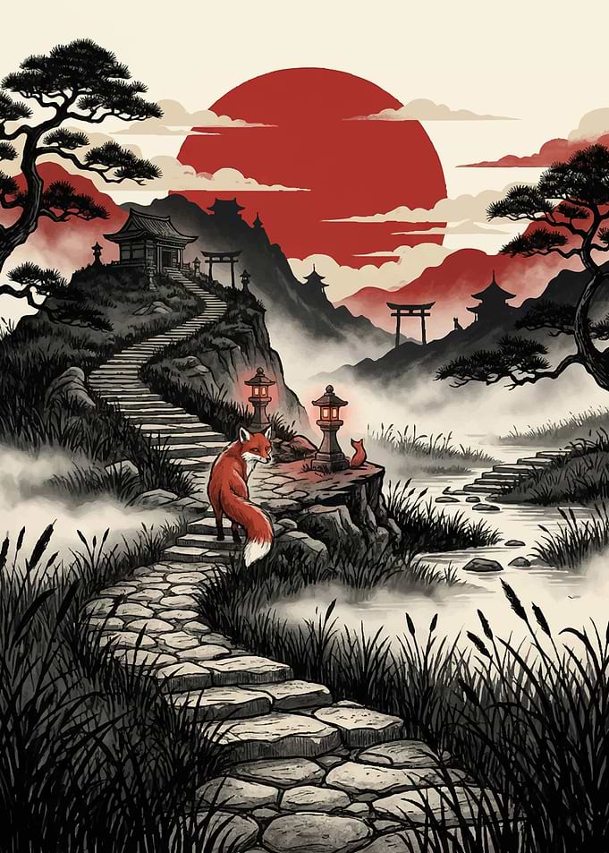 Foxes on a Stone Path in Japan