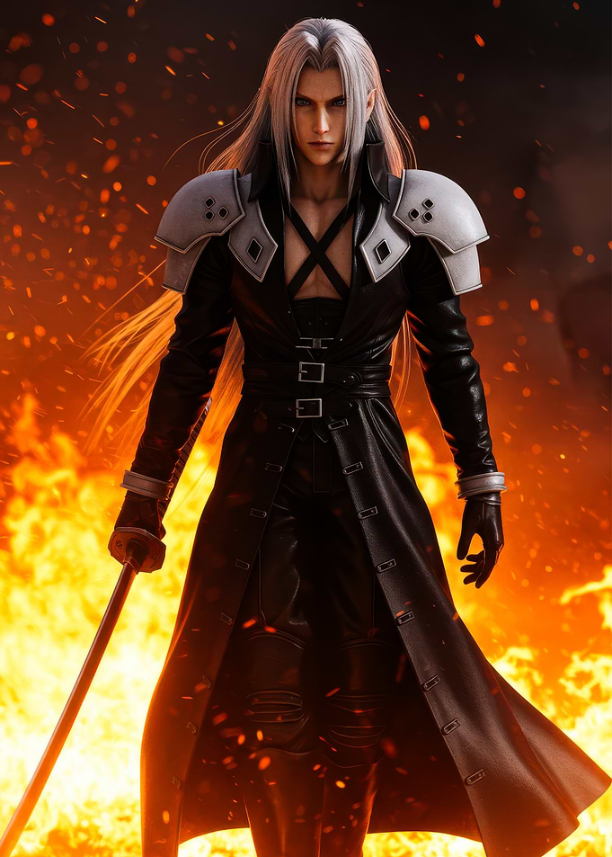 Sephiroth in front of flames