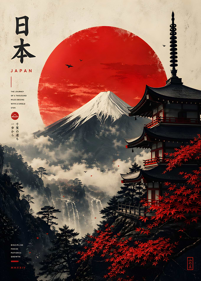 Japan Mount Fuji Pagoda Red Sun