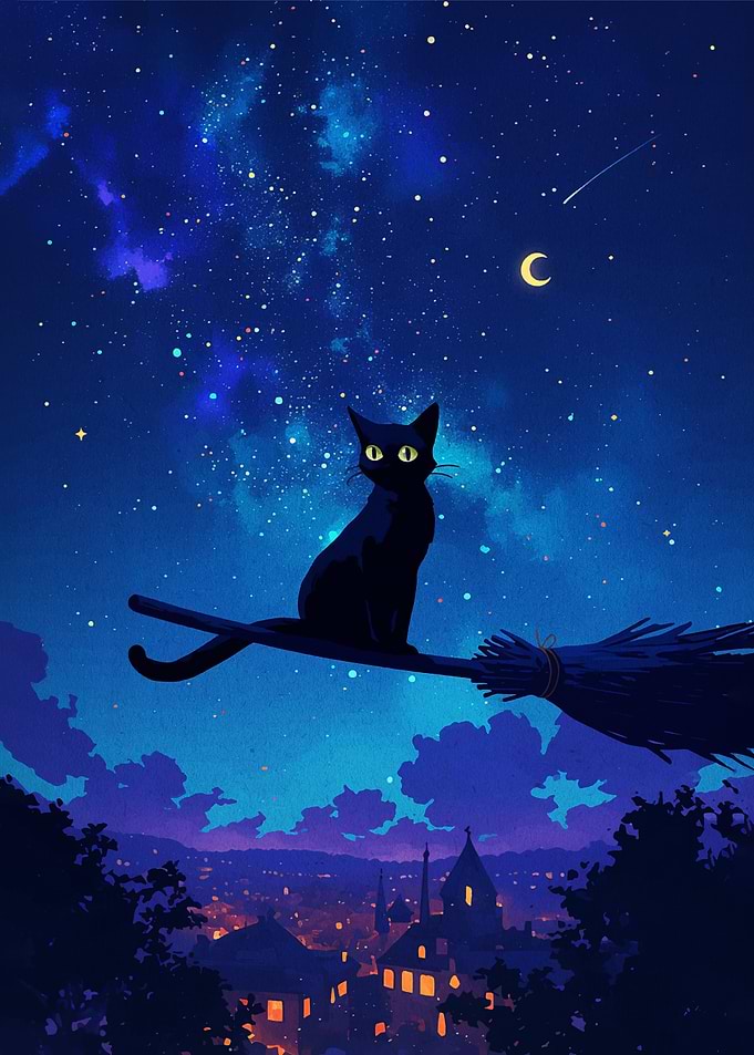 Black Cat on a Broomstick at Night