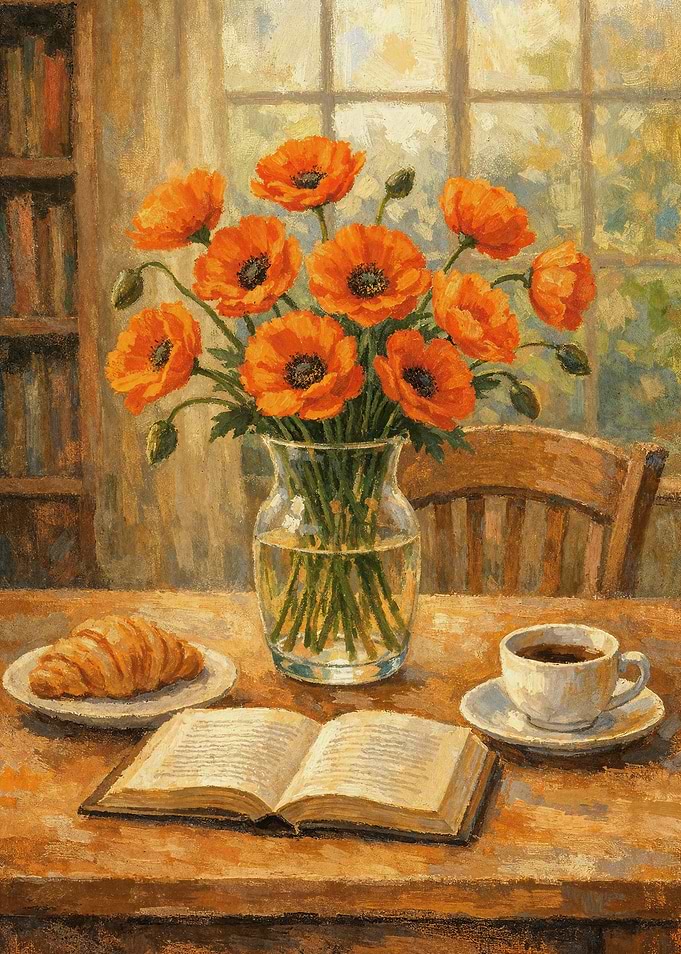 Poppy Flowers, Coffee Cup and Book Poster