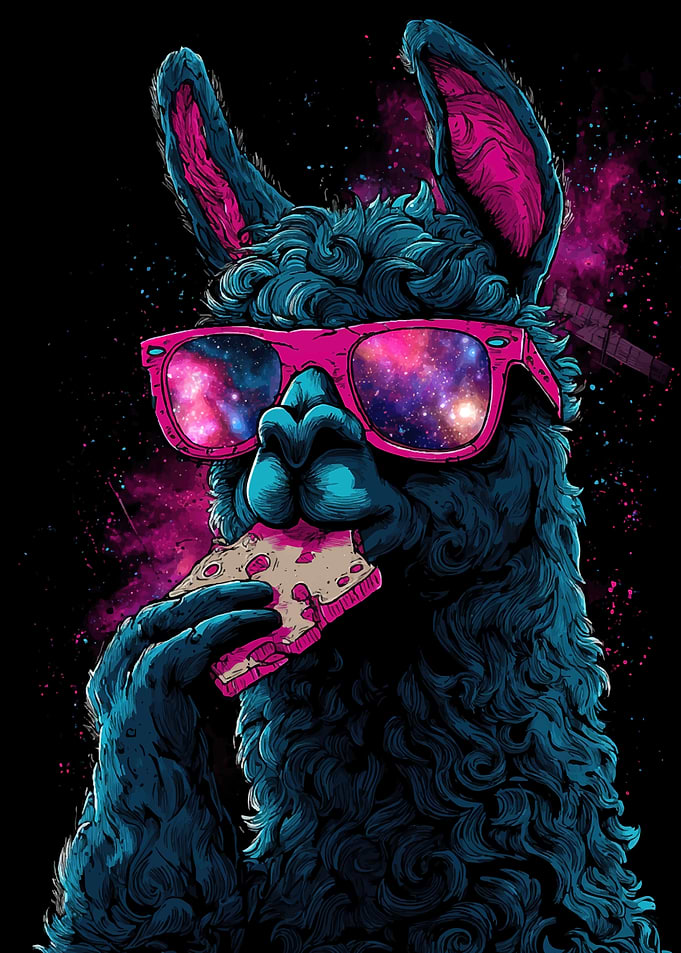 Llama Wearing Galaxy Sunglasses Eating Pizza