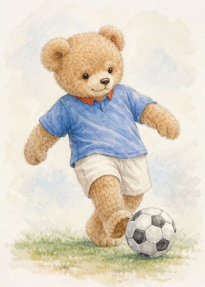 Vintage Teddy Bear Playing Soccer Nursery Poster