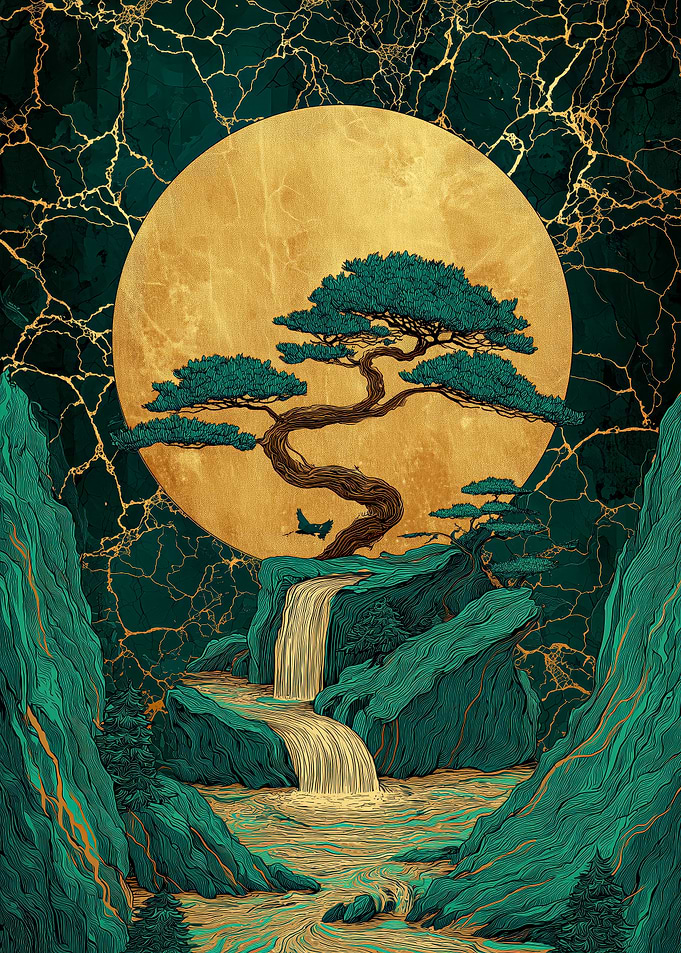 Serene Bonsai Waterfall Moonscape