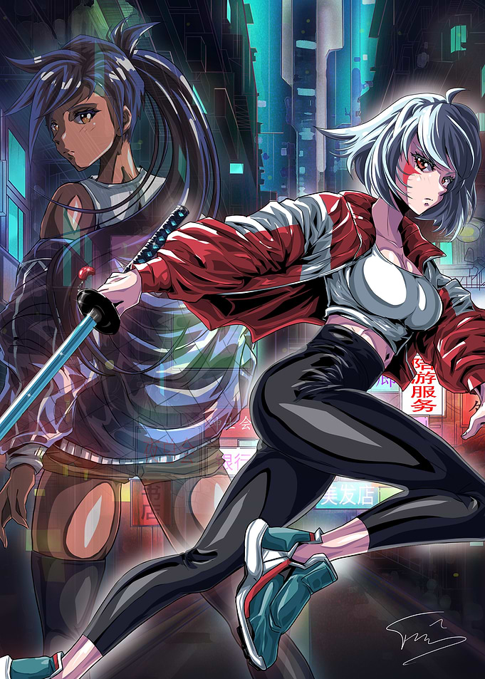 Cyberpunk Anime Girls with Swords