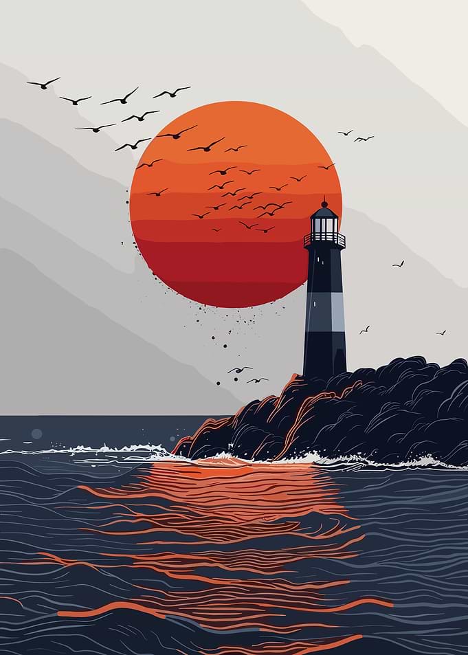 Lighthouse at Sunset with Birds
