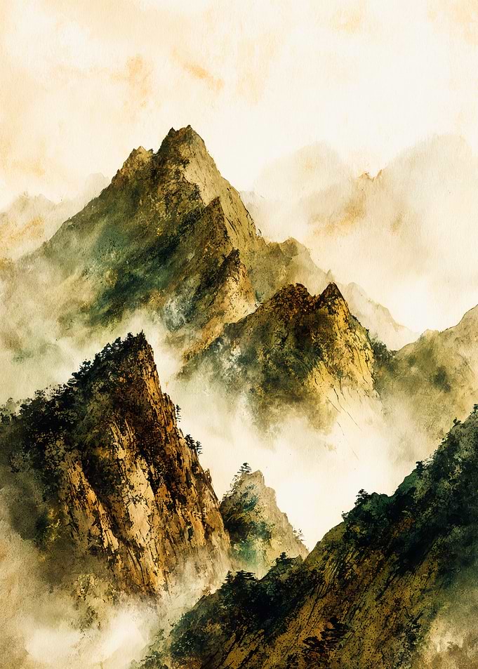 Misty Mountain Peaks Watercolor Painting
