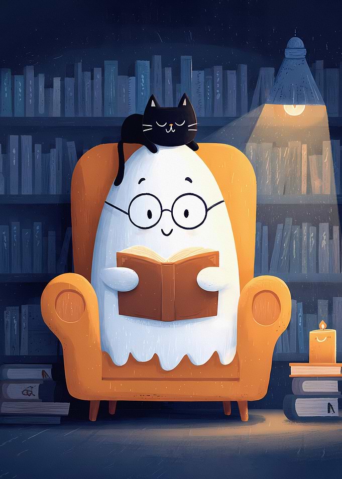 Ghost reading a book with a Back Cat