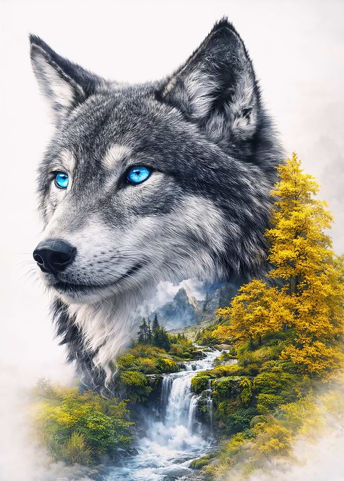 Wolf with Blue Eyes and Waterfall Landscape