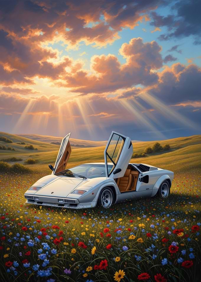 White Lamborghini in a Field of Flowers