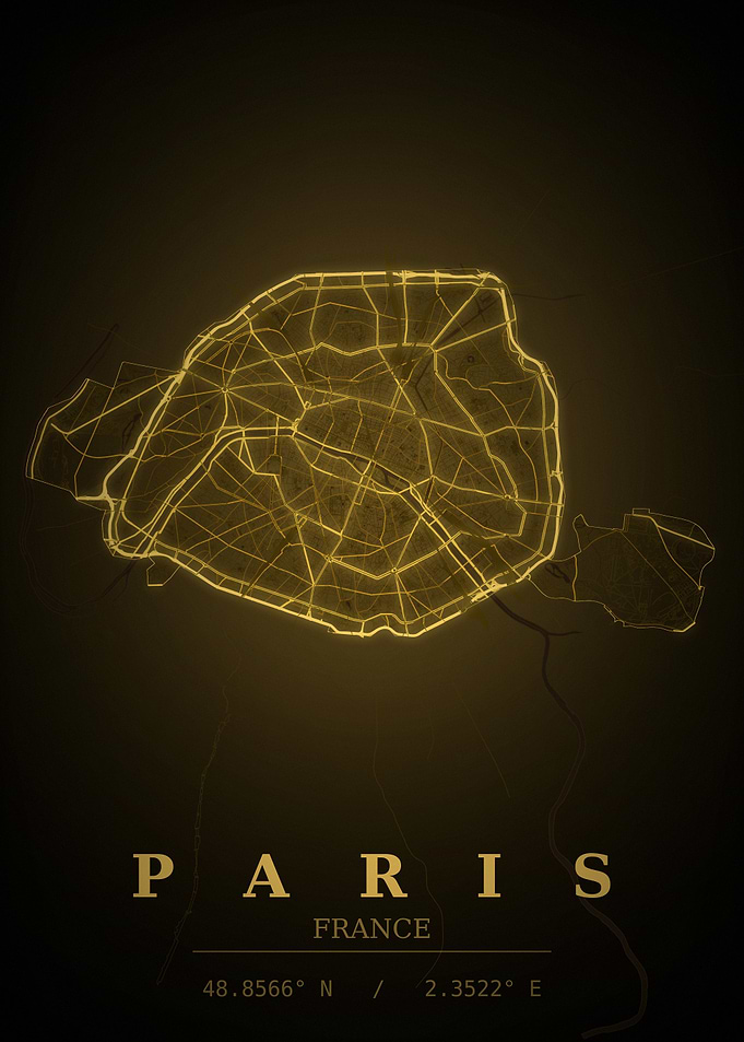 Paris Gold City Map — France Night Travel Poster