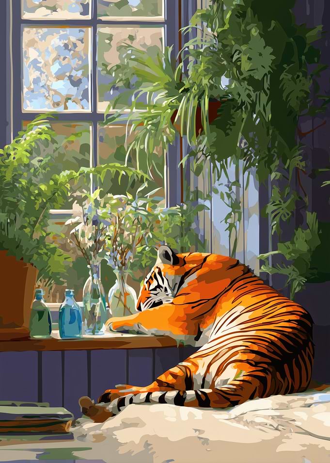 Tiger Resting by a Window with Plants
