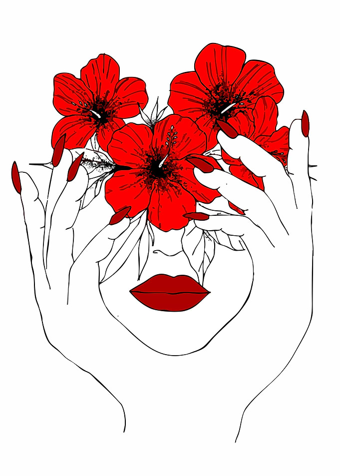 Woman's Face Hidden by Red Flowers and Hands