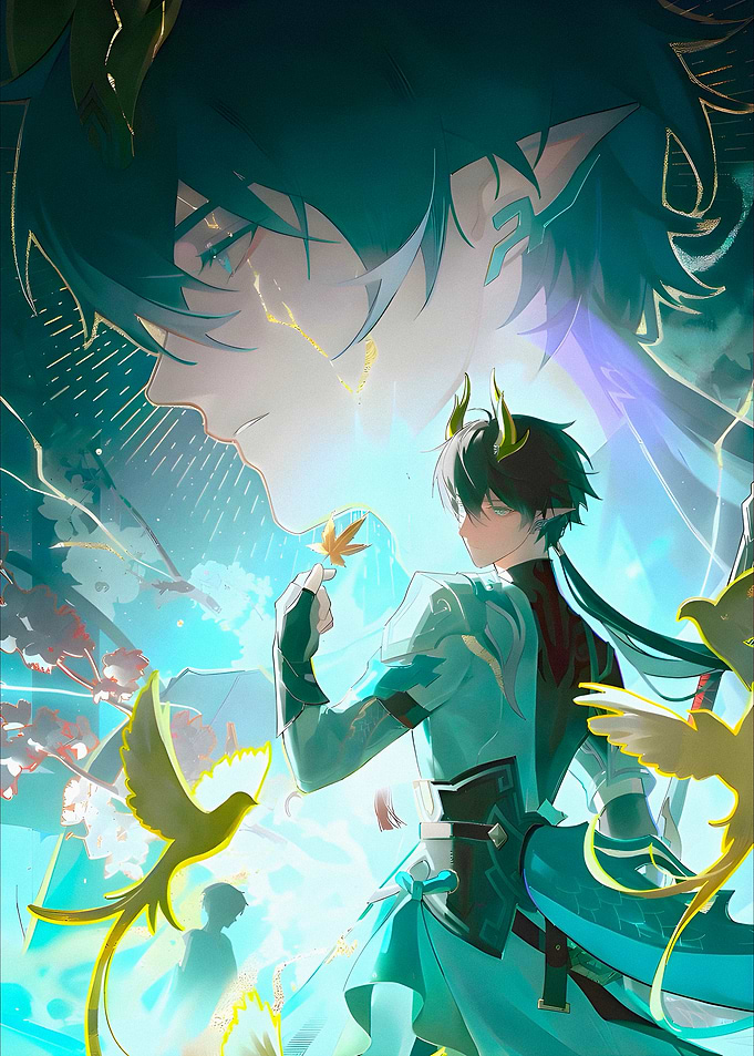 Anime character with horns and birds