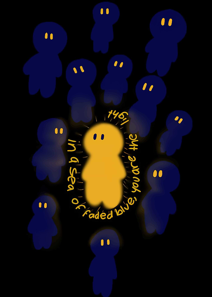Yellow figure in a sea of blue figures