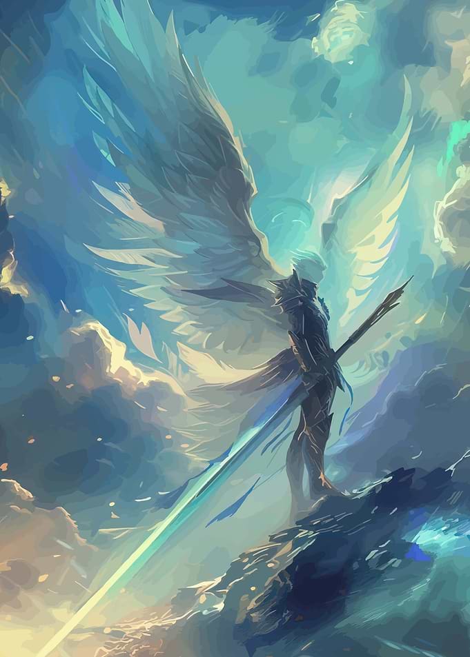 Angel Warrior with Sword in Clouds