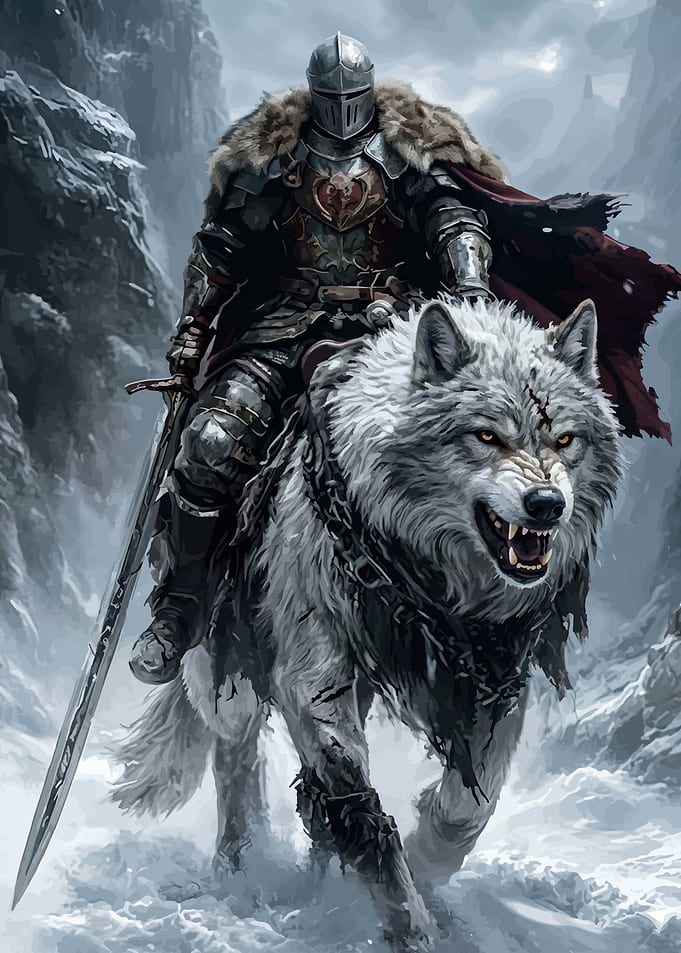 Knight Riding a Wolf in Snow