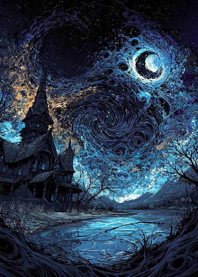 Haunted House Under a Swirling Night Sky