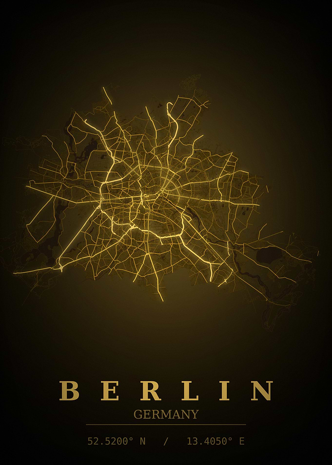 Berlin Gold City Map — Germany Night Travel Poster