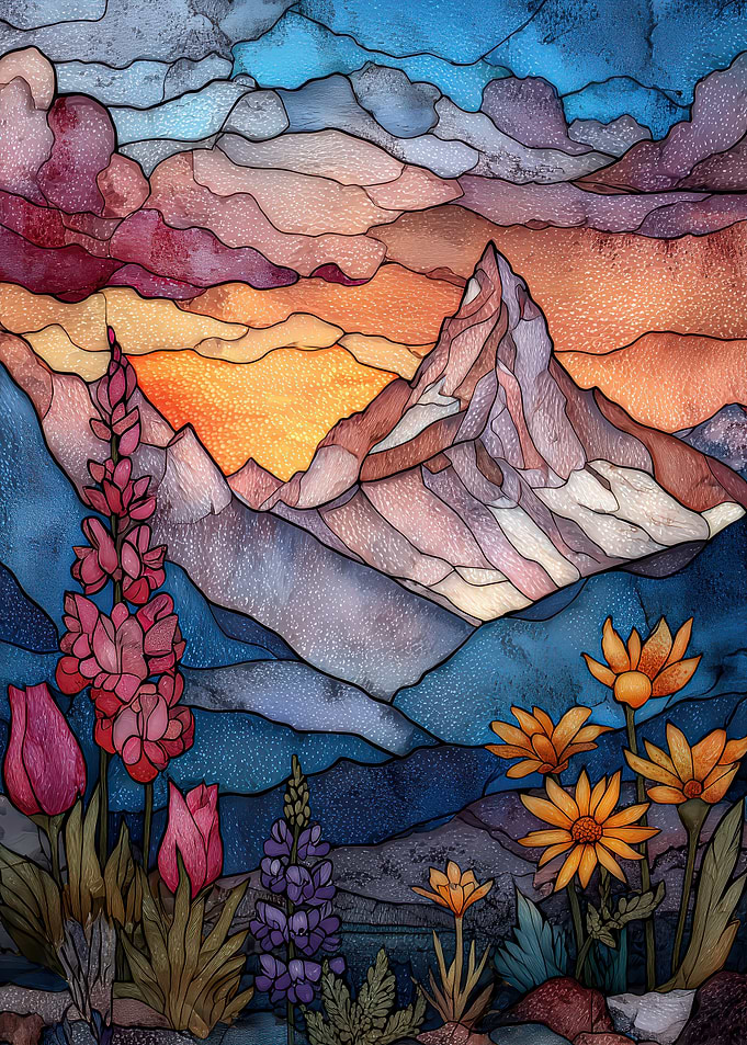 Stained Glass Mountain Landscape with Flowers