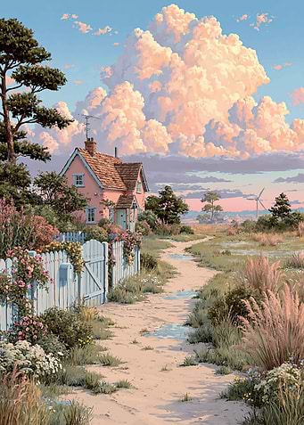 Pastel Cottage with Flowery Fence